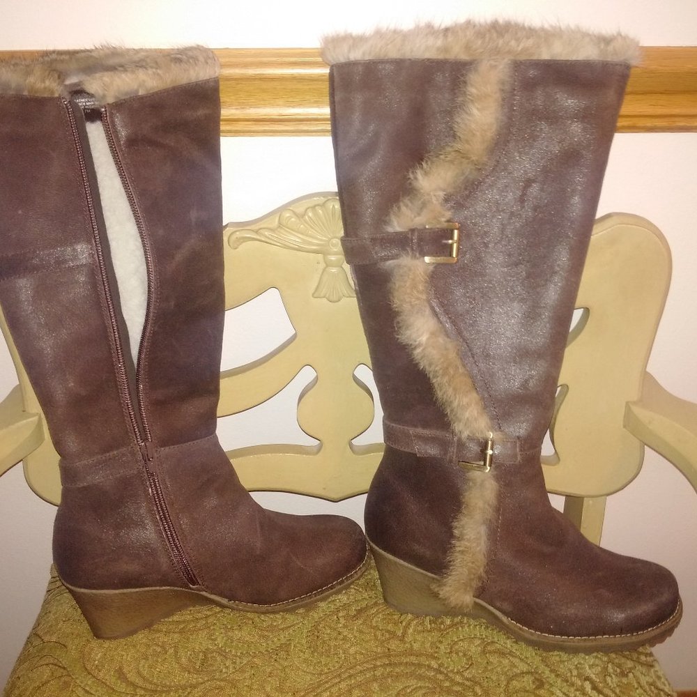 New Shearling lined Distressed Leather wedge heel sz 7 Boots Brown